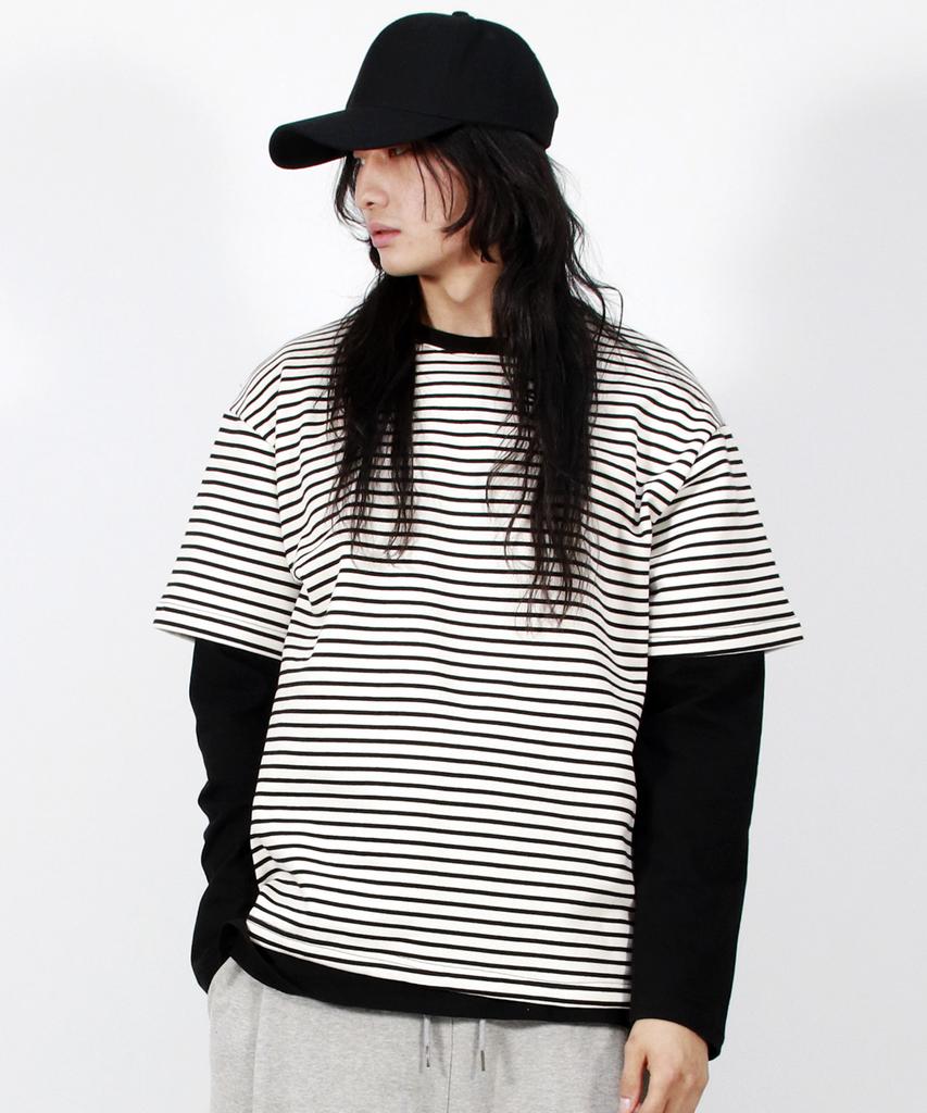 Deumakeu M Layered Sleeve Boxy Fit Crew Neck T-Shirt Stripe-Ivory