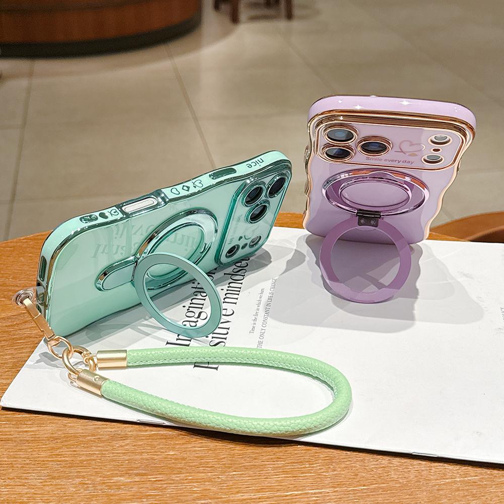 Wavy Frame Wrist Strap Phone Case for iPhone 17 Air 16 15 14 13 12 11 Pro Max Plus Silicone Soft Protective Cover Magnetic Stand