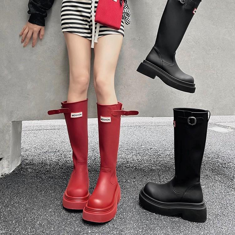 Soft leather version~ Red rain boots women's autumn round head thick-soled high knight boots but knee boots
