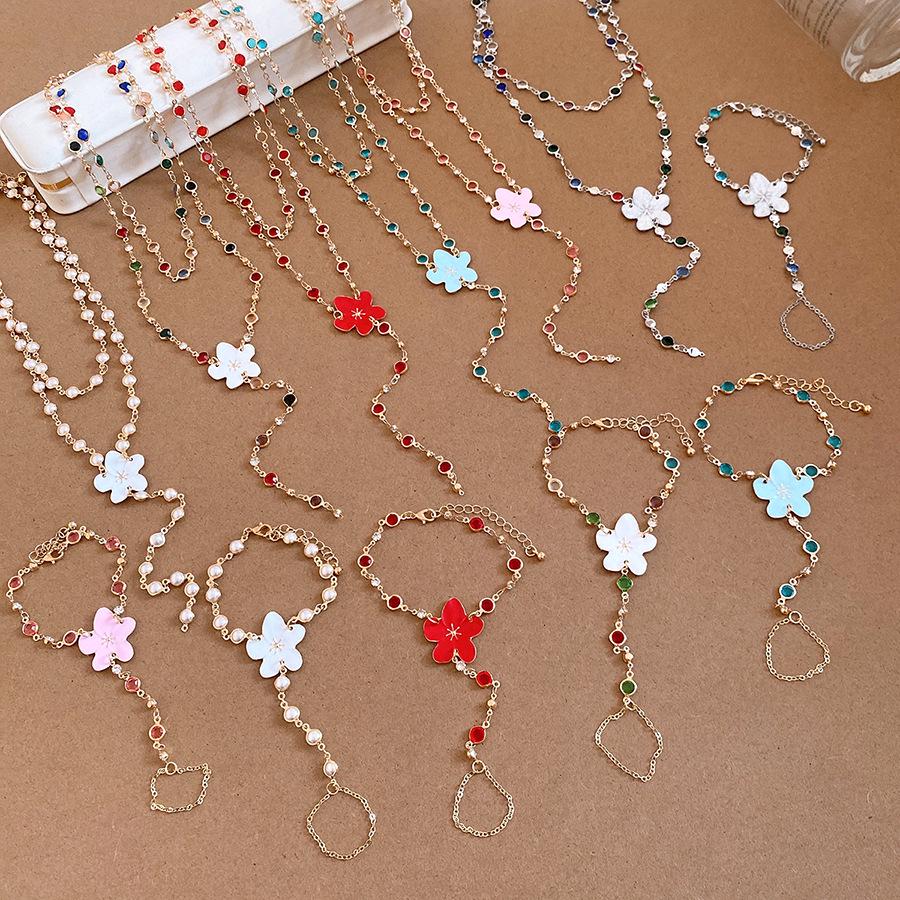 Versatile Floral Rhinestone Enamel Bracelet and Multi-Layer Necklace Set