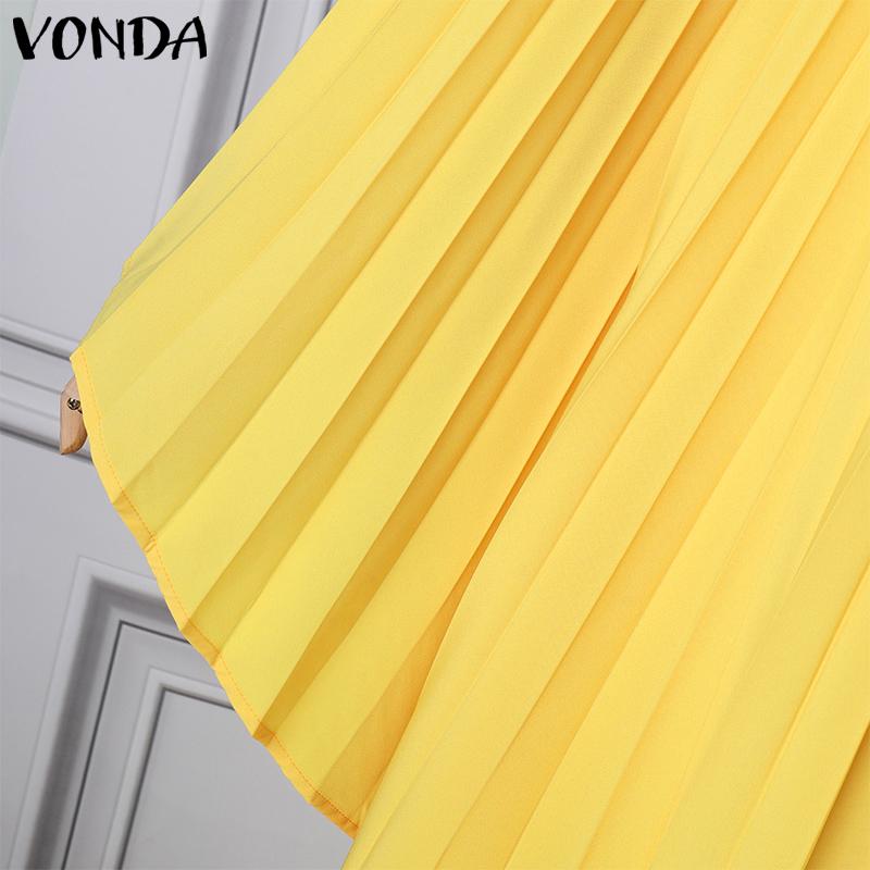 VONDA Robe trapèze plissée à manches longues et col rond pour femme