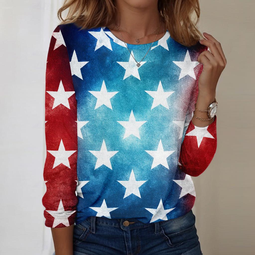 Women's Fashionable Casual Long-Sleeved Independence Day Print Neck Top