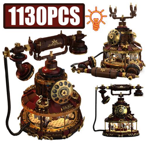 MOC Dampf Retro Serie Telefon Bausteine Karussell LED Feine Vintage Heimdeko Teile Figuren Steine Spielzeug Festival Geschenk
