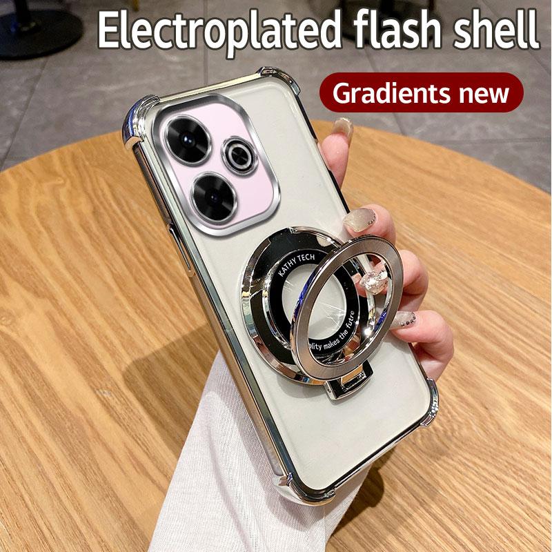 For Xiaomi Poco M6 Case Xiaomi Poco M6 Cover Luxury Plating Shockproof Magnetic Bracket Magsafe Clear With Holder Stand