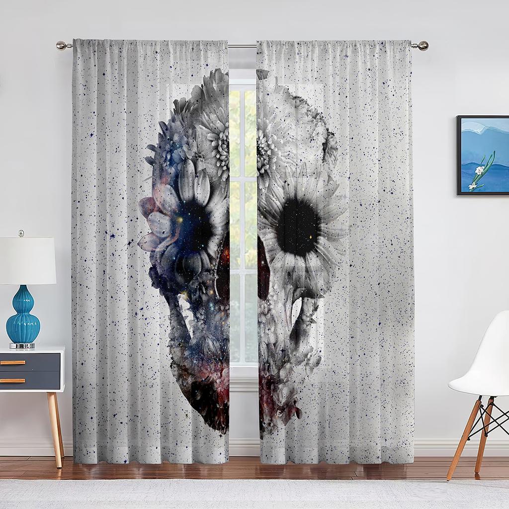 Czaszka Kwiatowy Szkielet Kolorowe Kwiaty Przezroczysta Woalowa Zasłona do Salonu Sypialni Draperia Okienna Kuchenna Szyfonowa Tiulowa Zasłona