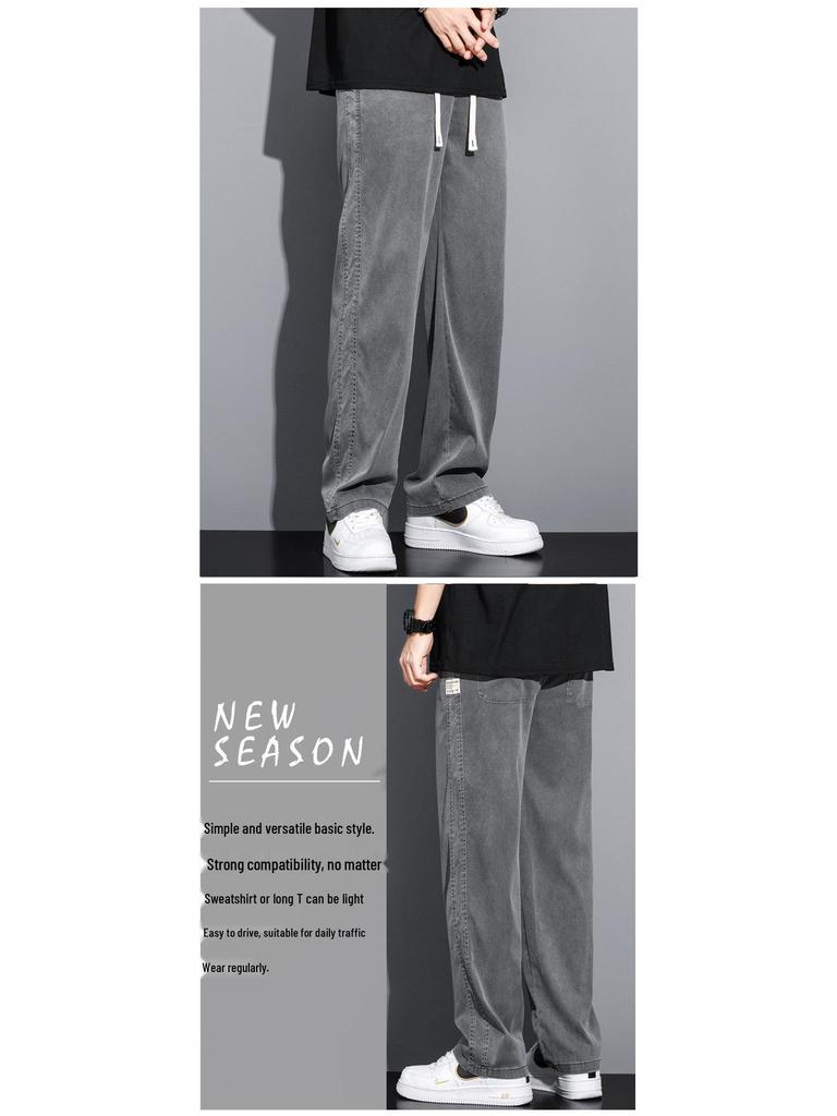 Men's Summer Tencel Jeans: Lightweight, Loose-Fit Straight-Leg Drawstring Sports Shorts, Trendy Workwear Casual Nine-Point Pants