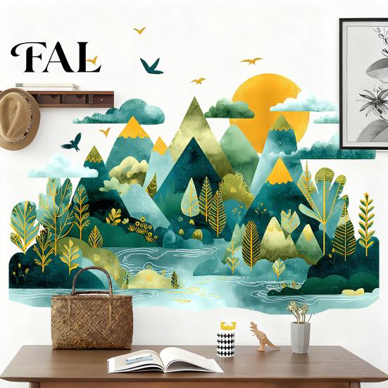 Watercolor Mountain Wall Decals 2Pcs Sticker, Peel And Stick Landscape Decal, PVC Waterproof Scenery Window Clings Mural, Removable Art Decor