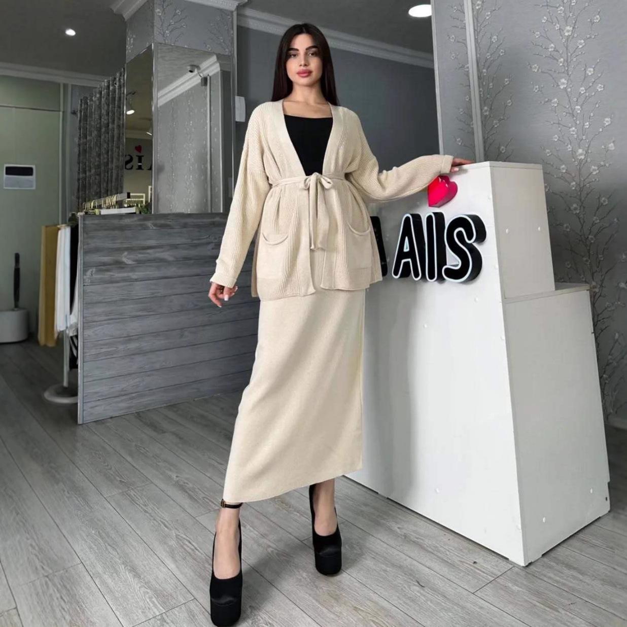 

2025 Autumn Women s Fashion Cardigan Tie Sweater Coat & Midi Skirt XL
