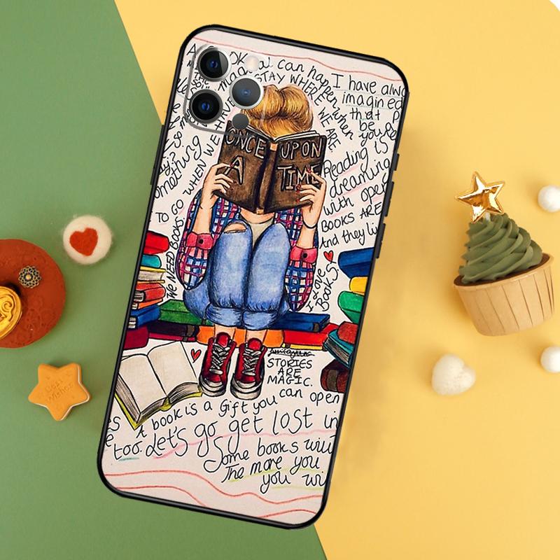 Read Books illustration Funda For iPhone 11 12 13 14 16 15 Pro Max Mini XS Max X XR SE2 7 8 14 16 15 Plus Phone Case