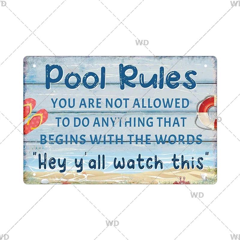 Tin Sign Pool Funny Rules Vintage Plaque Welcome Warning No Swimming Instruction Metal Sign For Home Pool Store Club Wall Decor