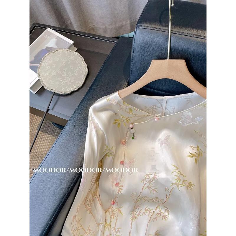 Elegant Bamboo Print Satin Blouse for Women Casual Loose Fit Long Sleeve Shirt Lightweight Silky Top