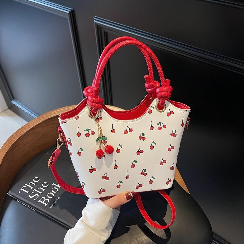 

Сумка в стиле ретро, модная сумка-ведро через плечо с принтом вишни, текстура с цветовой блокировкой, сумка на одно плечо with pendant красный