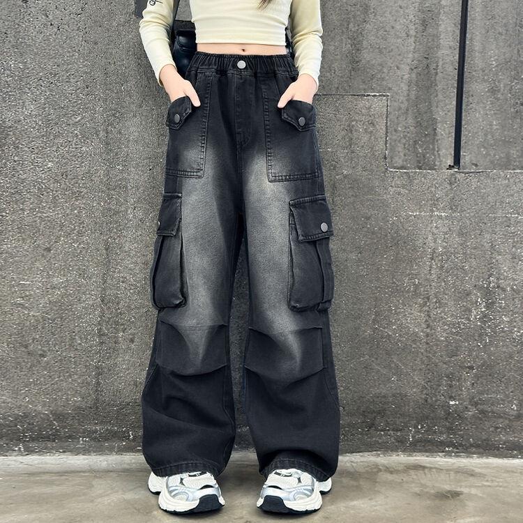 

Girls 2025 Trendy Cargo Jeans - Loose Straight-Leg Wide Pants for Autumn/Winter 160cm