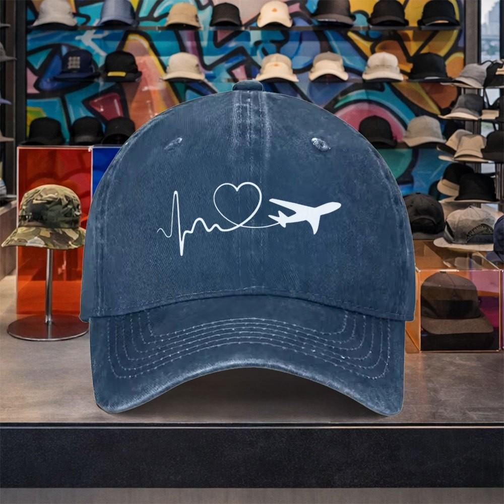 Airplane Heartbeat ECG Print Washed Baseball Cap Vintage Adjustable Cotton Outdoor Travel Hat