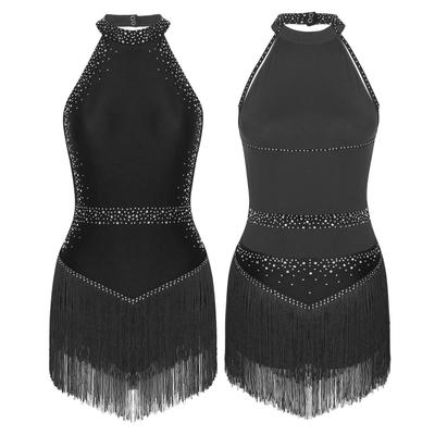 Damen-Trikotkleid mit glänzenden Strasssteinen und Quasten, Neckholder, ärmellos, rückenfrei, Fransen, Bodysuit, Ballsaal, lateinamerikanisches Tanzkostüm