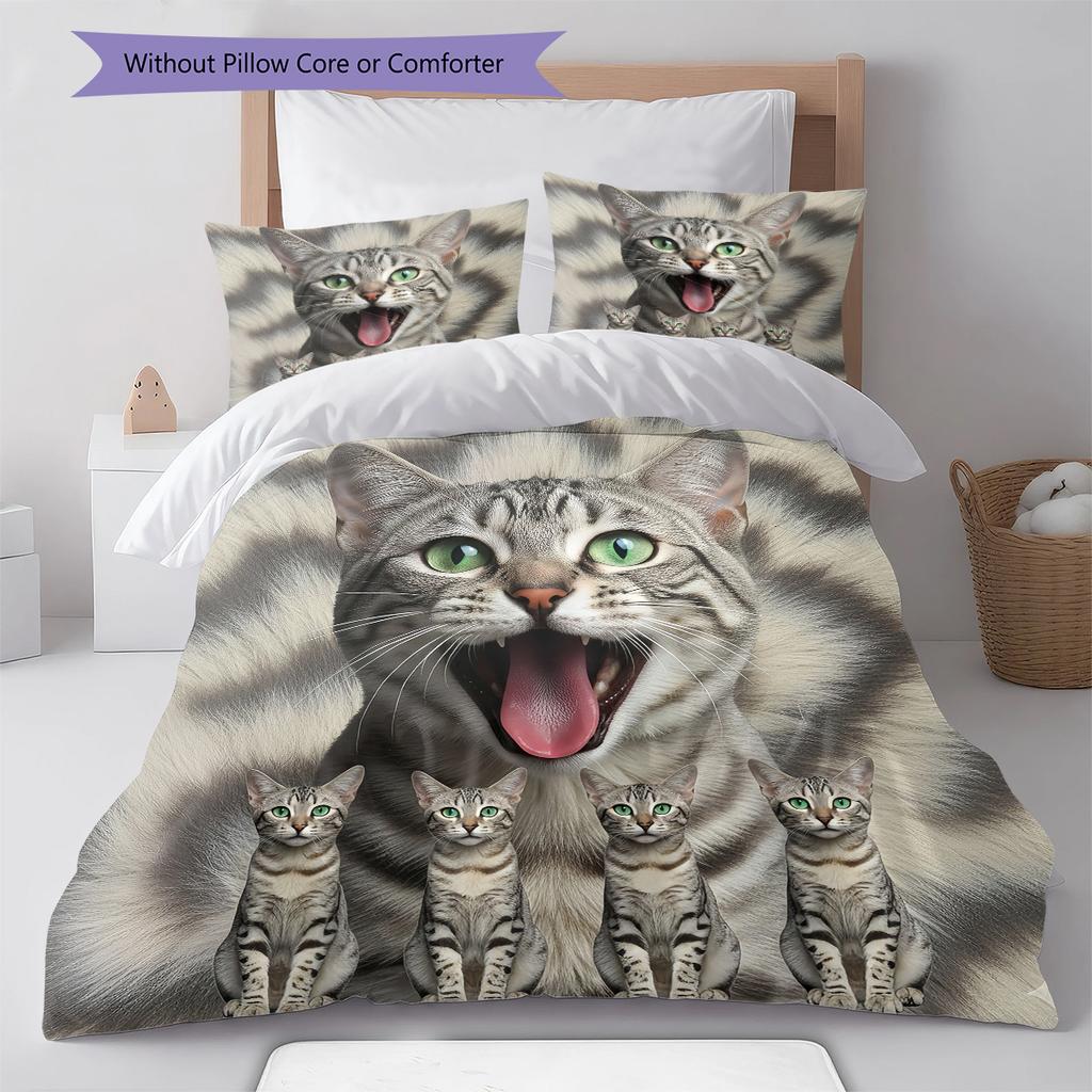 Cute Cat 3D Pattern Bedding Quilt Set Quilt Cover Pillowcase Home Decoration Gift (1 * duvet cover + 2 * pillowcase, without core)