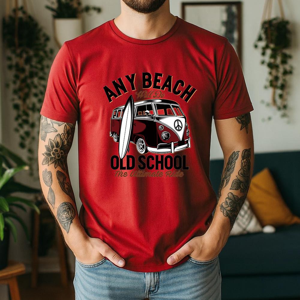 Vintage Old School Surf Bus Surfboard Print Unisexs T Shirt Loose Short Sleeve Crew Neck Beach Vacation Casual Tees