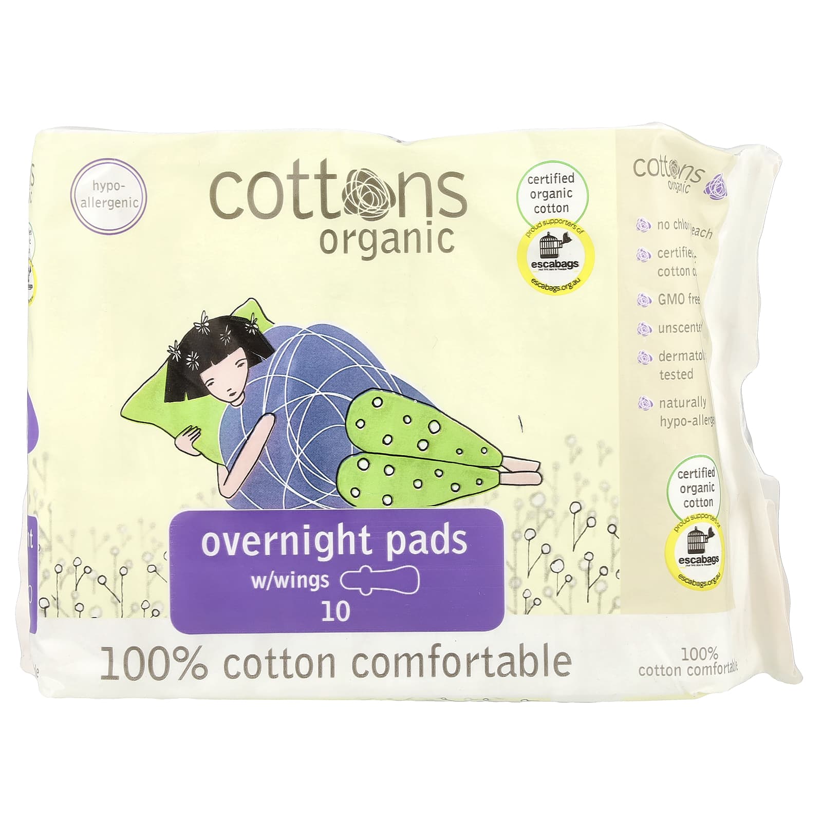 

100% natural cotton cover sheet, overnight wing pad, heavy, 10 pads