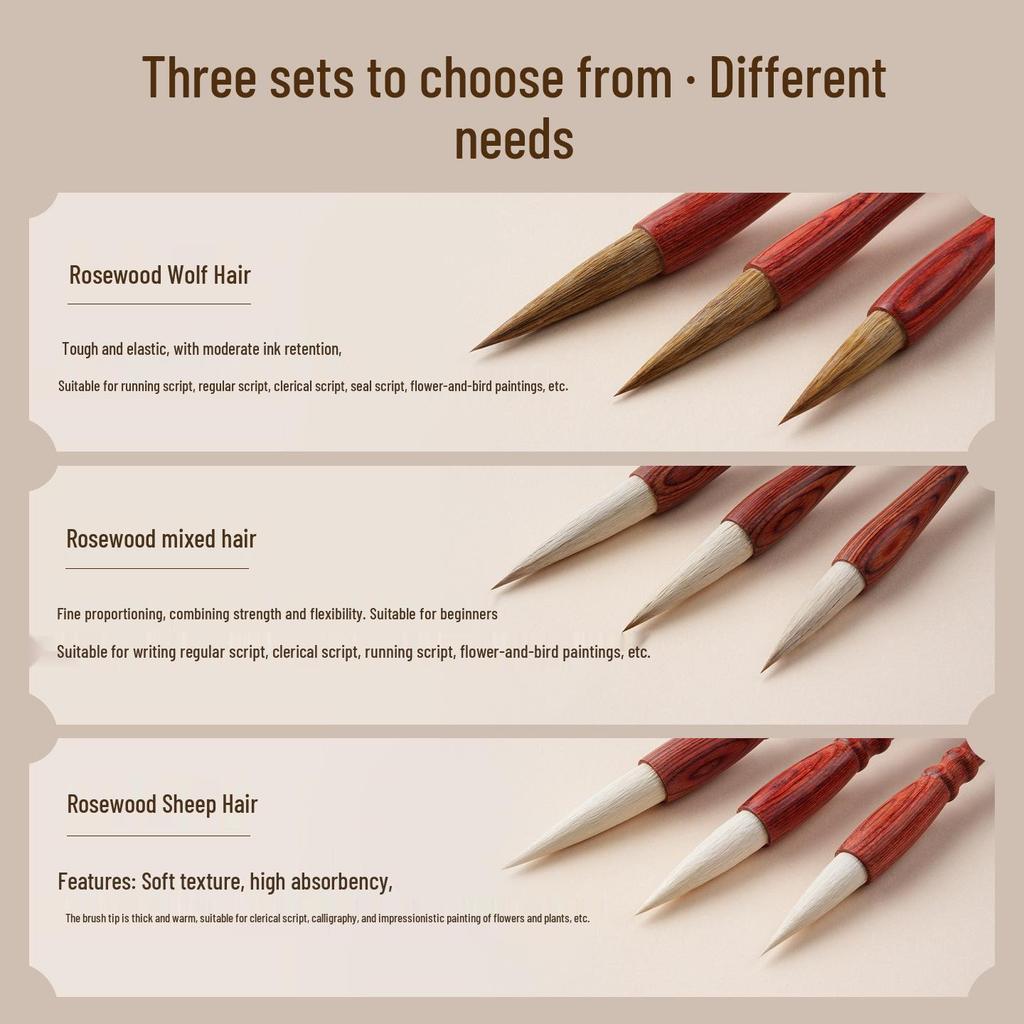 Rosewood Multi-Style Calligraphy Brush Set: Bristle, Wolf, Sheep Hair; Seal, Clerical, Running Script; Ou, Liu, Yan, Zhao Styles.