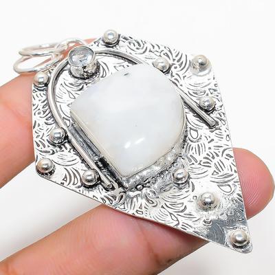 Natural Rainbow Moonstone, White Topaz 925 Sterling Silver Pendant 2.88" D6N30