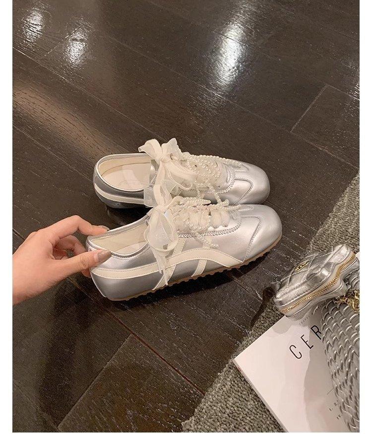 [Armano] Lace Pearl Lace-up Dopamine Agund Training Shoes Women's Ballet Soft-soled Sports and Leisure Shoes