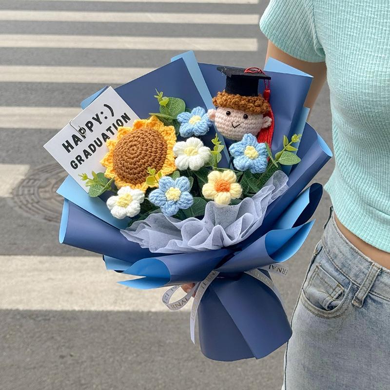 Crochet Flower Bouquet Graduation Bouquet Artificial Woven Flowers Decorations Teacher's Day Mother's Day Gifts