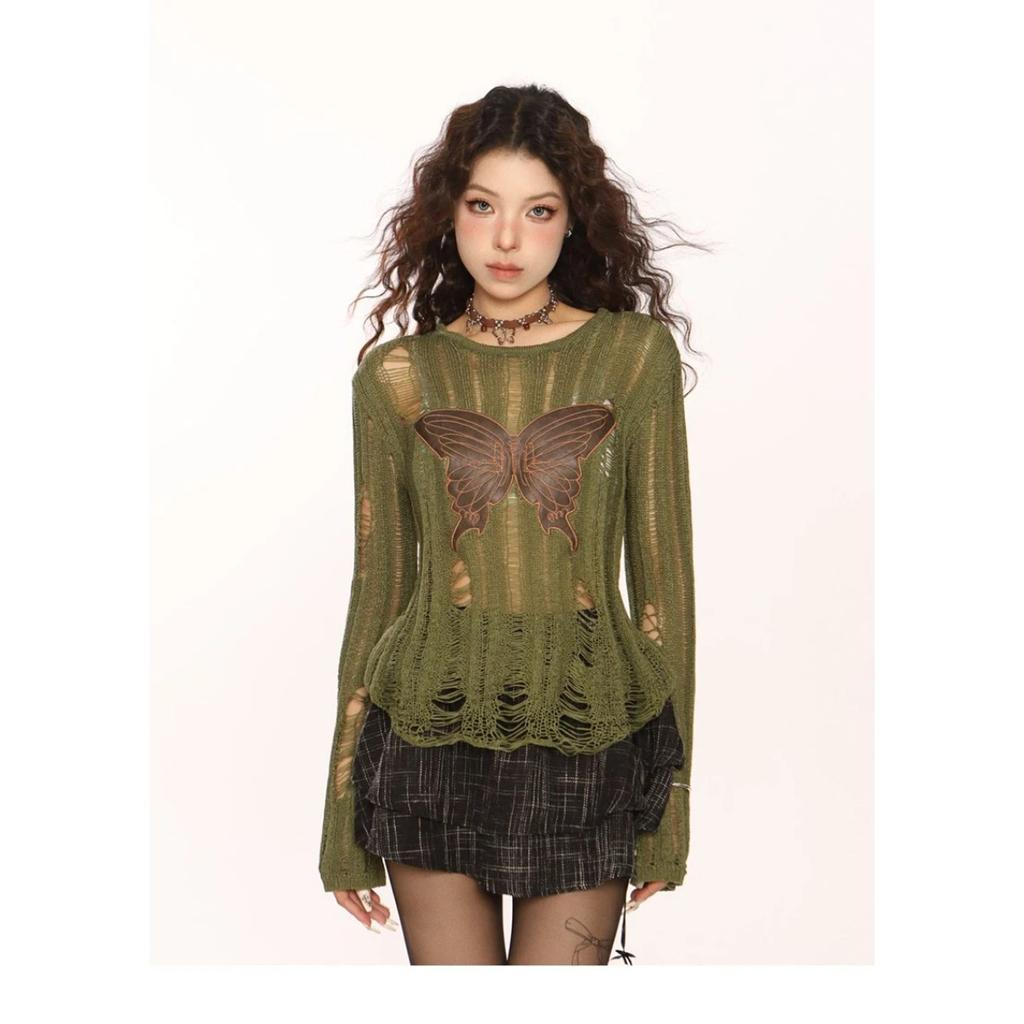 Y2K Women Sweaters Streetwear Vintage Bufferfly Long Sleeve Slim Knitted Jumper American Harajuku Female O Neck Tops