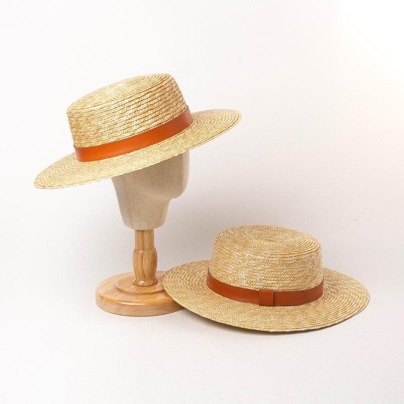 Spring and summer new belt decoration children's straw flat top straw hat outdoor travel vacation sunshade sunscreen straw hat