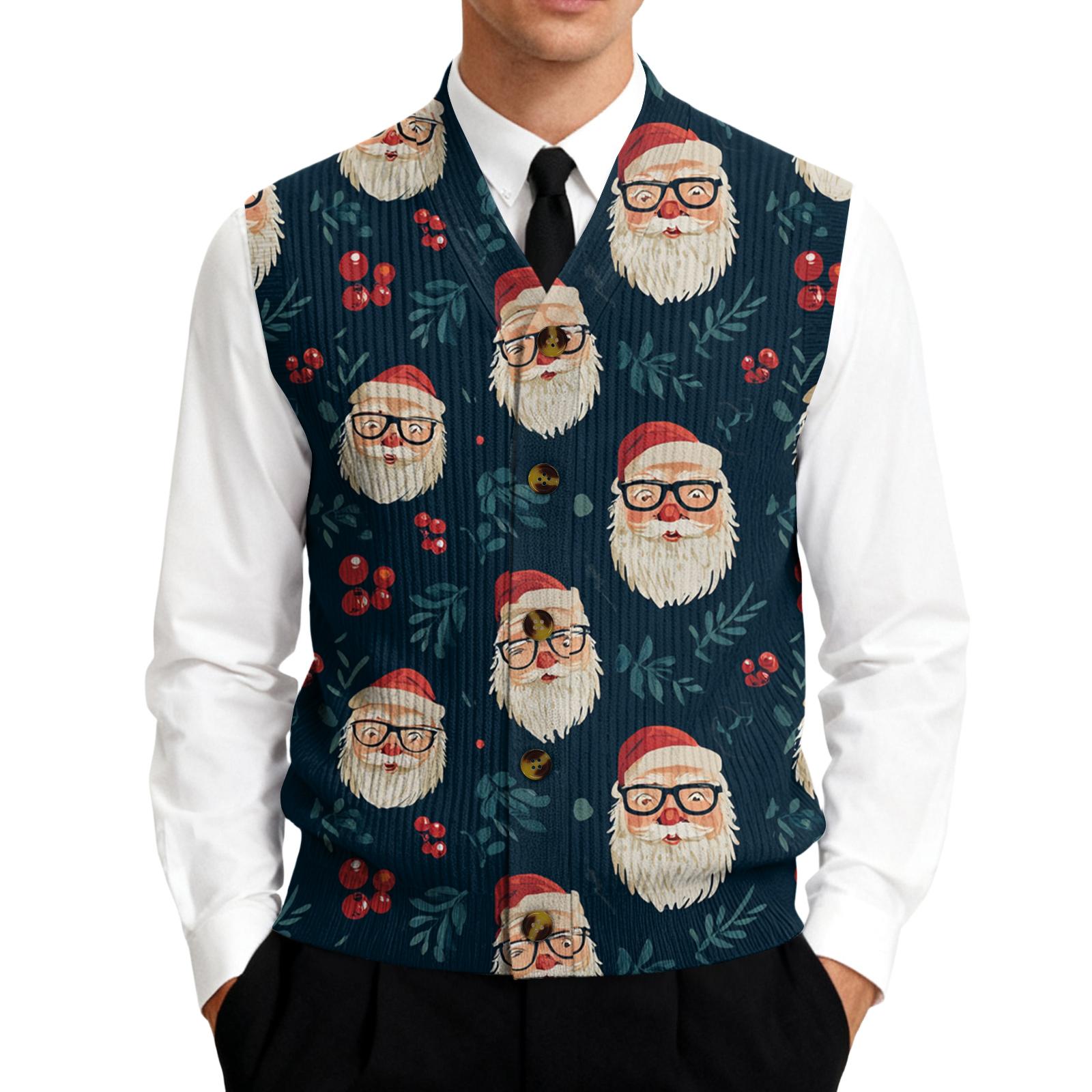 

Men’s Classic Fit with Santa and Holiday Printed Pattern Sleeveless Formal Button Down Vest for Office or Party Wear M