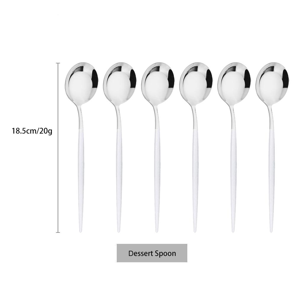 6Pcs White Silver Cutlery Set Stainless Steel Dinnerware Tableware Dessert Knife Forks Long Handle Spoon Coffee Spoons Flatware