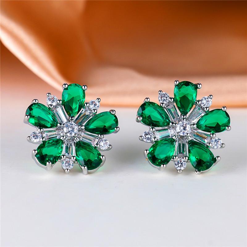 Female Crystal Green Stone Flower Stud Earrings Vintage Silver Color Wedding  For Women