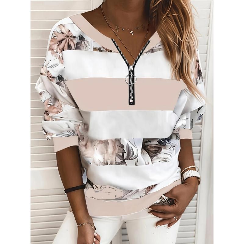 

Floral Print Color Block T-Shirt Casual Zip Up Long Sleeve T-Shirt S