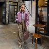 Trendy Purple Satin Bomber Jacket with Stand Collar – Short Cropped Zip-Up Coat for Women Warm Winter Outwear