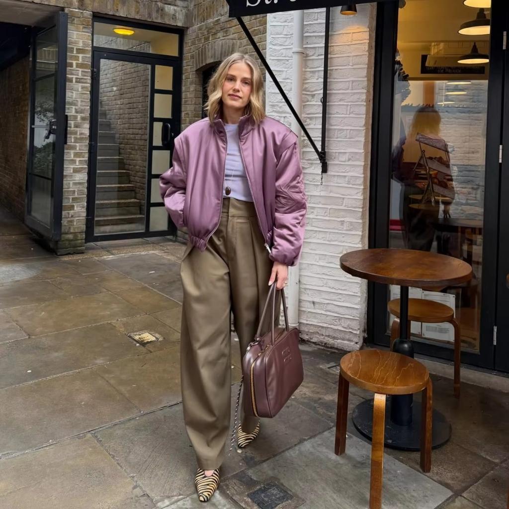 Trendy Purple Satin Bomber Jacket with Stand Collar – Short Cropped Zip-Up Coat for Women Warm Winter Outwear