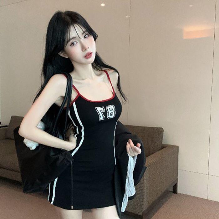 Fashion Sexy Spice Girl Letter Splicing Suspender Dress Women's Autumn and Winter New Slim and Thin Inner Hip Skirt