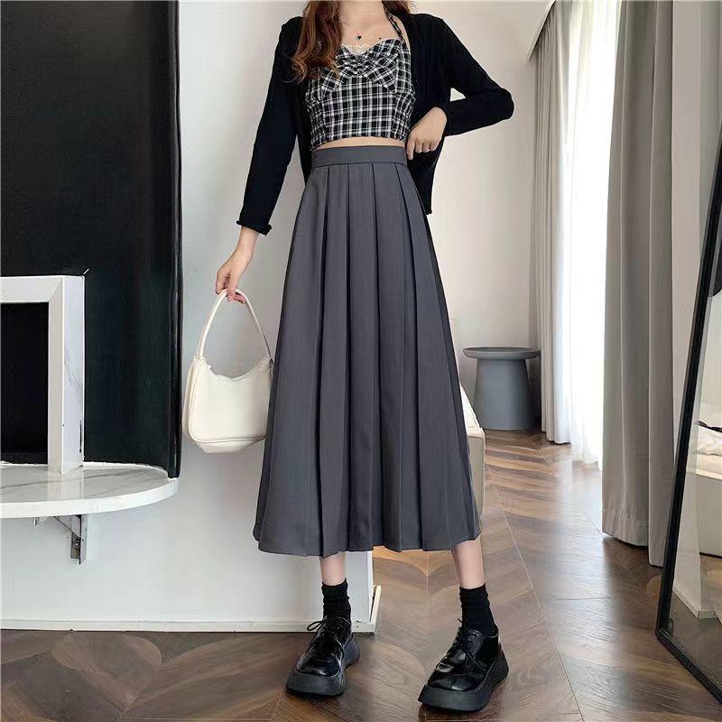 Fusta lungă maro vară modă coreeană cu talie înaltă fustă midi neagră femei elegante linie A fete fuste plisate gri primăvară