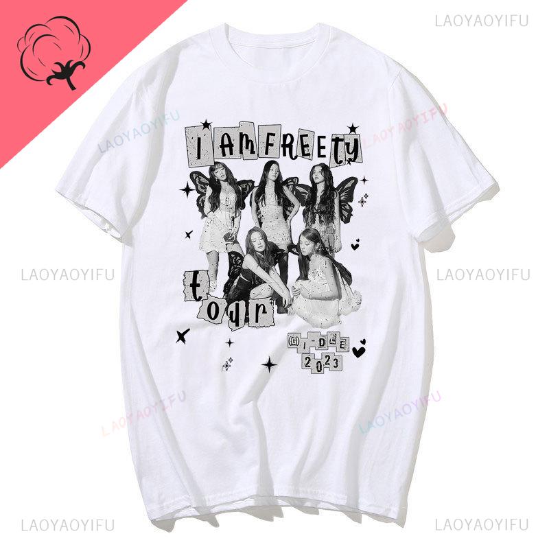 GIDLE T Shirt I Am FREE TY World Tour Merch 100 Cotton WoUINISEX Unisex Tshirt GIDLE Fans NEVERLAND Clothes Short Sleeve Tee Tops S