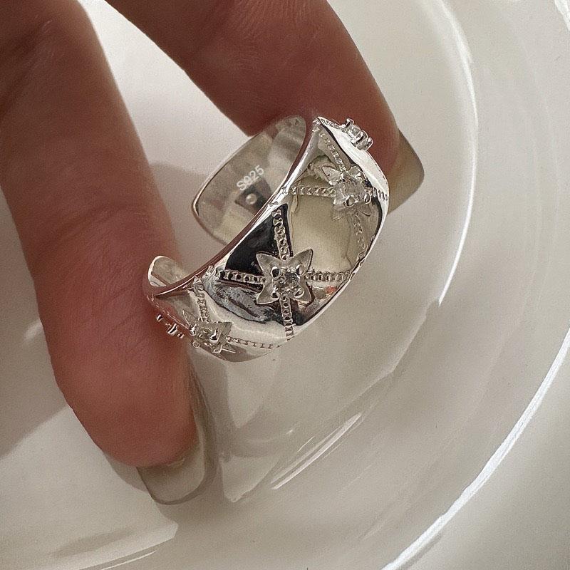 

925 Sterling Silver Rings For Women Geometric Fine Jewelry Finger Adjustable Star Wide Zircon Ring For Party Birthday Gift resizable