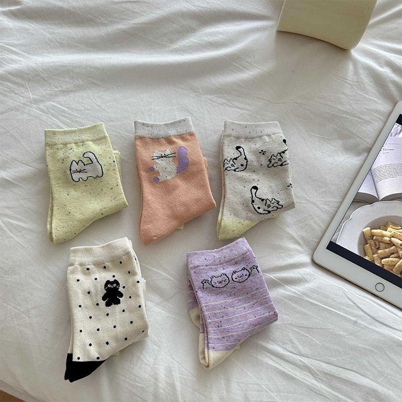 Cute Cat Socks for Women Trendy Soft Breathable Mid-tube Socks Korean Style Cartoon Student Socks