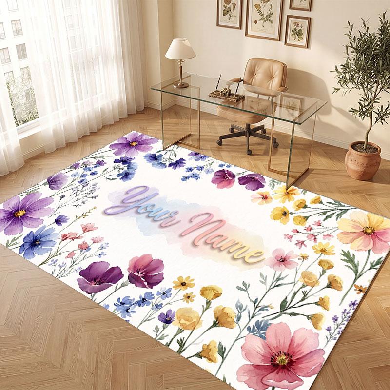 Floral Garden Theme Crystal Velvet Floor Rug Personalized Custom Name Text Warm Carpet Home Decoration