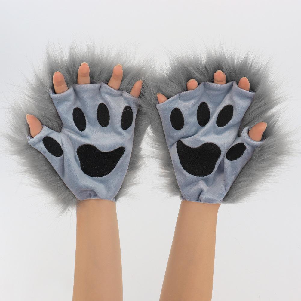 Furry Half Finger Animal Paw Gloves, Plush Cat Wolf Paw Gloves, Fursuit Cosplay Costume Gloves for Halloween Party Dress Up