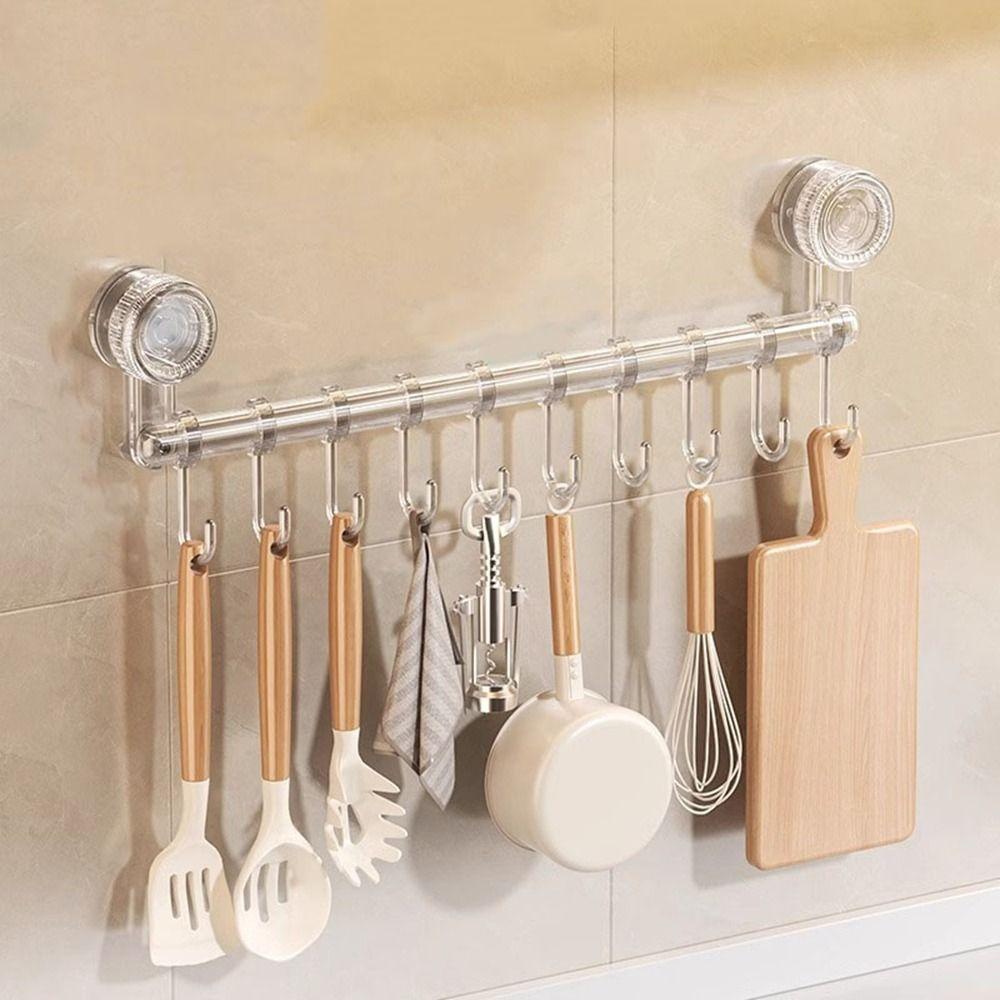 10 Hooks Suction Cup Kitchen Hook Adjustable Wall Mounted Sliding Flatware Storage Rack Removable Space Saving Utensil Holder