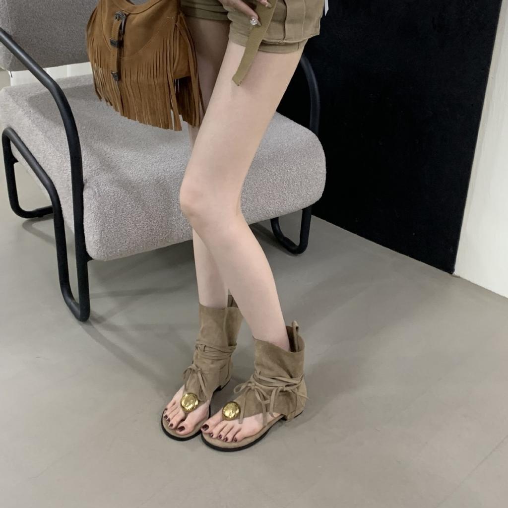Tassel metal toe cool boots women's 2025 summer new Roman sandals thick heel pile boots western cowboy boots