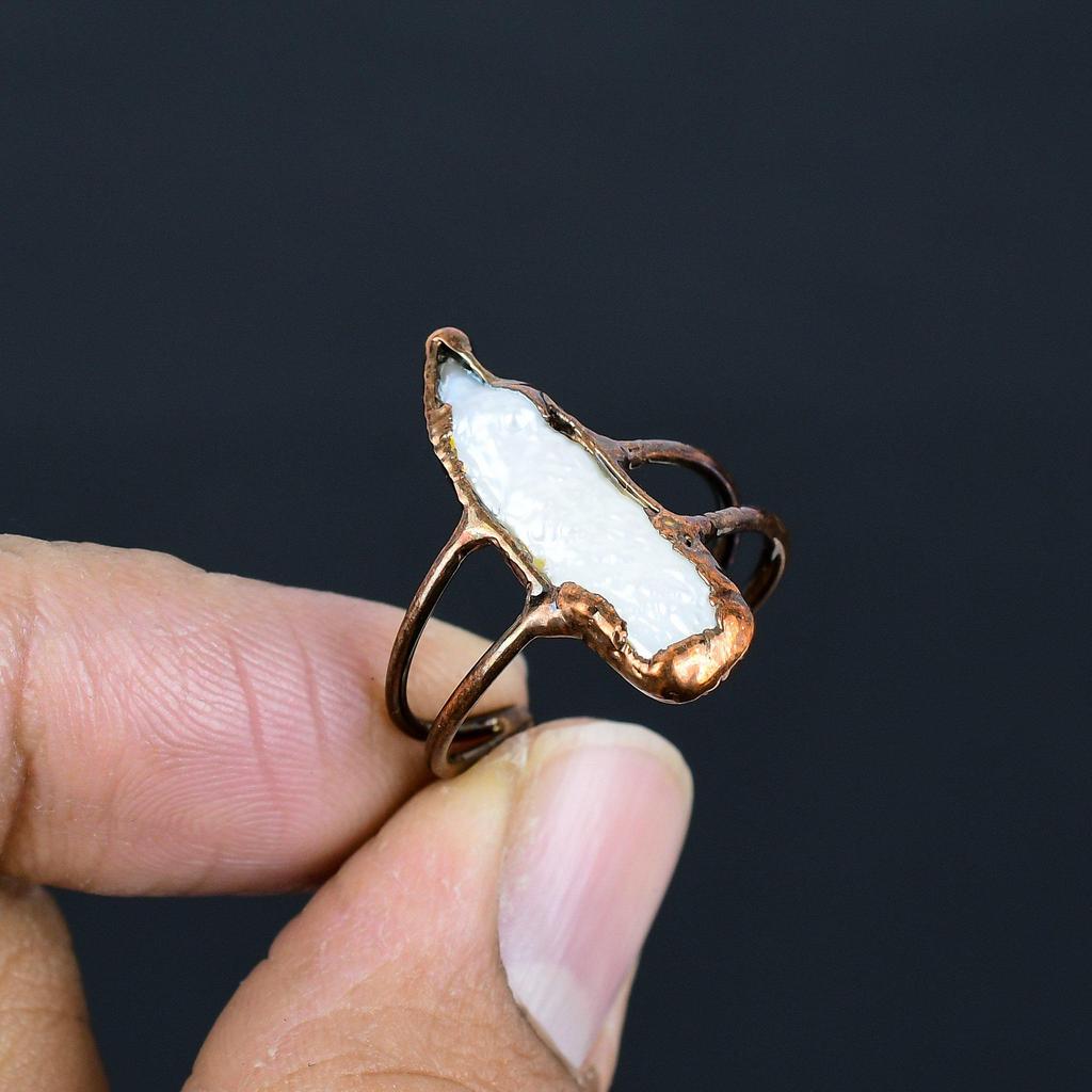 Mother Of Pearl Handmade Gemstone Ring, Copper Electroformed Ring Antique Jewelry, Adjustable Ring Engagement Gift