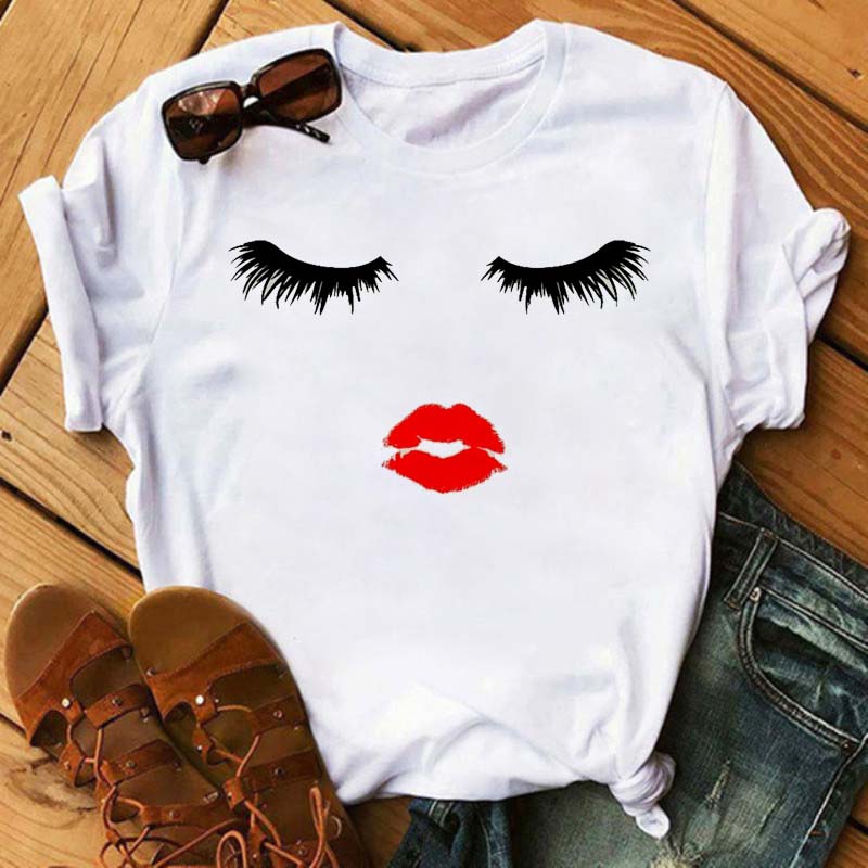 Maycaur Fashion Graphic Women Tops Eyelashes Print Kawaii Lashes Women T Shirt Tee Funny Makeup Aesthetic Shirt Camisas Mujer