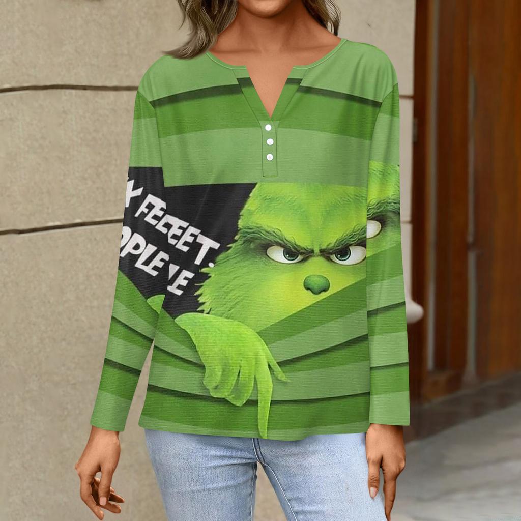 Women's Fashion Casual V-Neck Long Sleeve Decorative Button Christmas Print Top