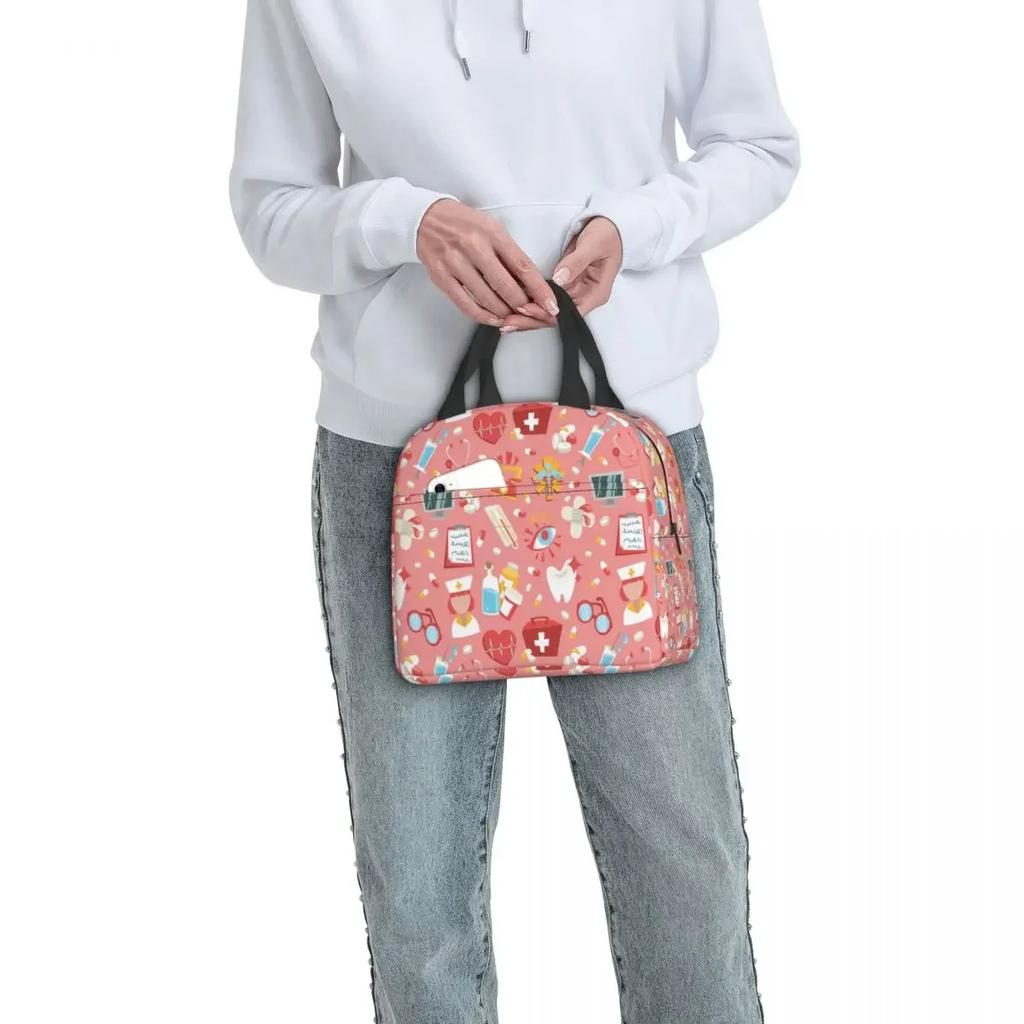 Nurse Tool Pattern Insulated Lunch Tote Bag for Women Nursing Resuable Thermal Cooler Food Lunch Box Work School Travel