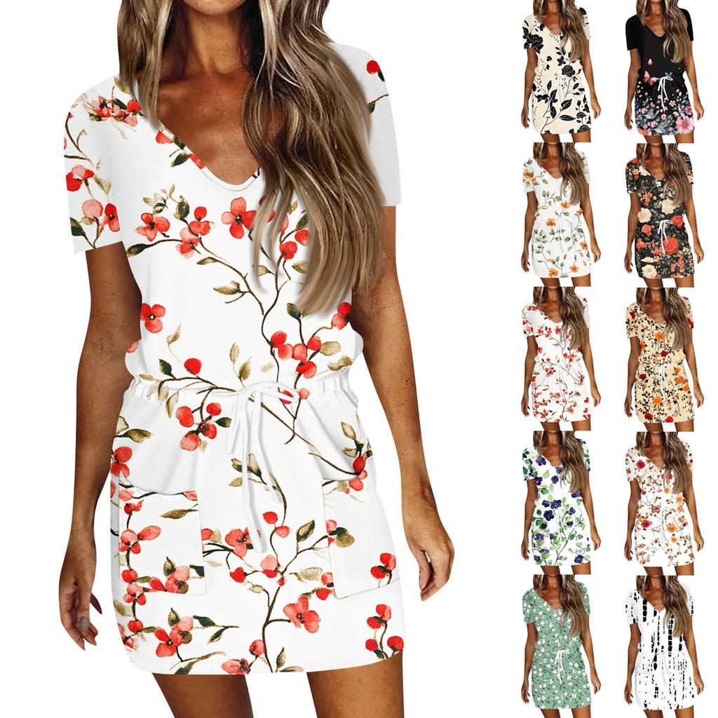 Damenmode Lässiges Kleid mit V-Ausschnitt und kurzen Ärmeln, Kordelzug und Paillettenbedruck