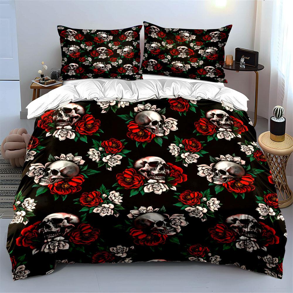 Skull And Floral Gothic Decor Set Exquisite Three-Piece Bedding Set Gift For Kids And Adults