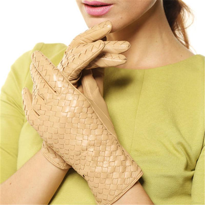 Women's Genuine Leather Gloves Female Handmade Woven Elegant Sheepskin Gloves Fashion Trend Nylon Lined L118NN-1